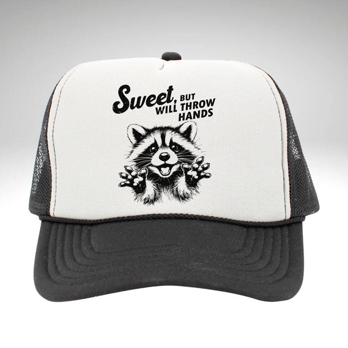 Sweet but Will Throw Hands Racoon Trucker Hat, Sassy Hat, Racoon Humor Snapback Trucker Hat