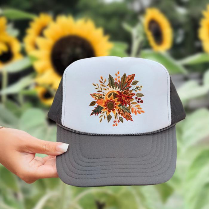Vibrant Boho Floral Rope Trucker Hat, Fall Hat, Mid Profile