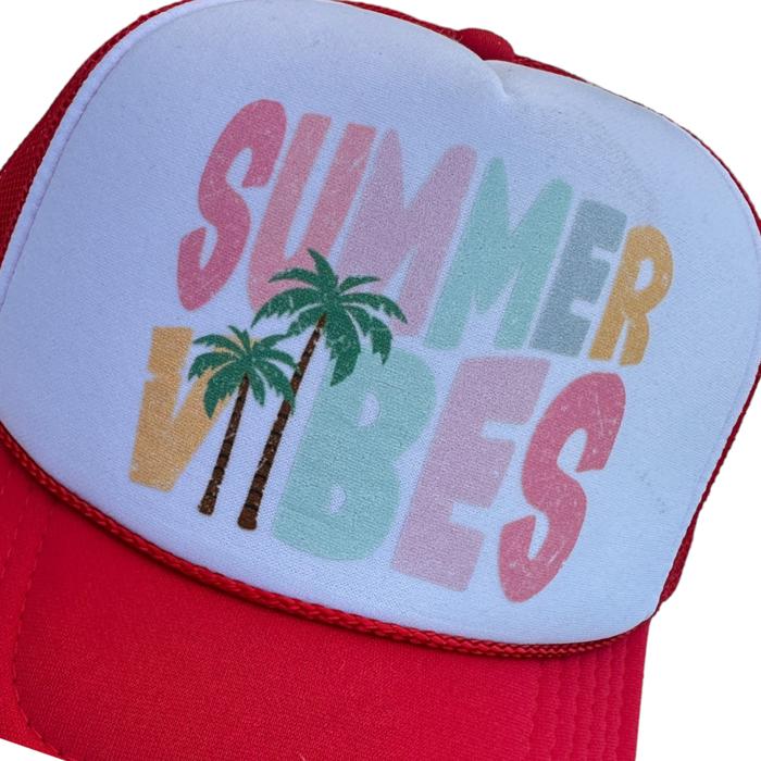 Summer Vibes Trucker Hat, Red Trucker Hat, Pastel Graphic, Retro Hat for Summer Vacation Pool Days, Mid Profile