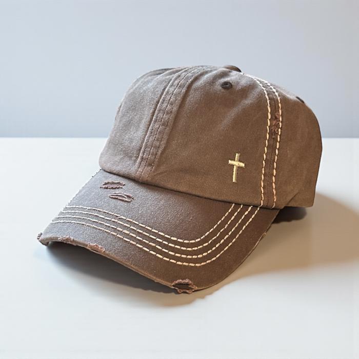 Mini Embroidered Cross Distressed Cap, Choose Hat Color