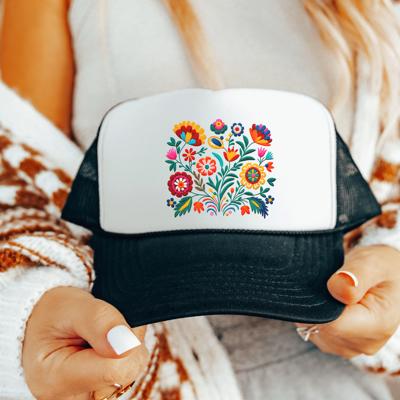Floral Trucker Hat with Faux Embroidery, Vintage Floral Hat