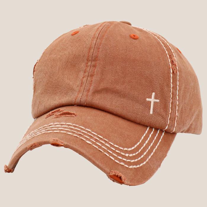 Mini Embroidered Cross Distressed Cap, Choose Hat Color