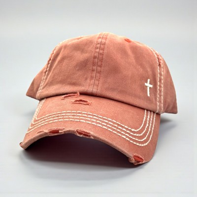 Mini Embroidered Cross Distressed Cap, Choose Hat Color