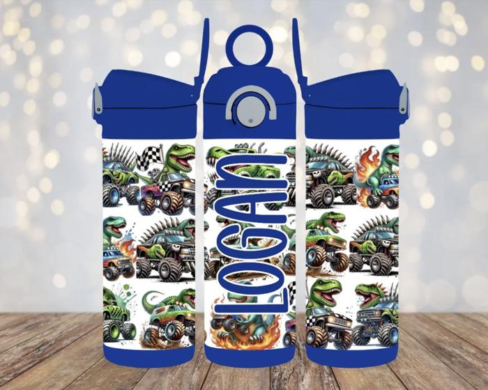 Monster Trucks and Dinosaurs Personalized 12 oz Kids Water Bottle