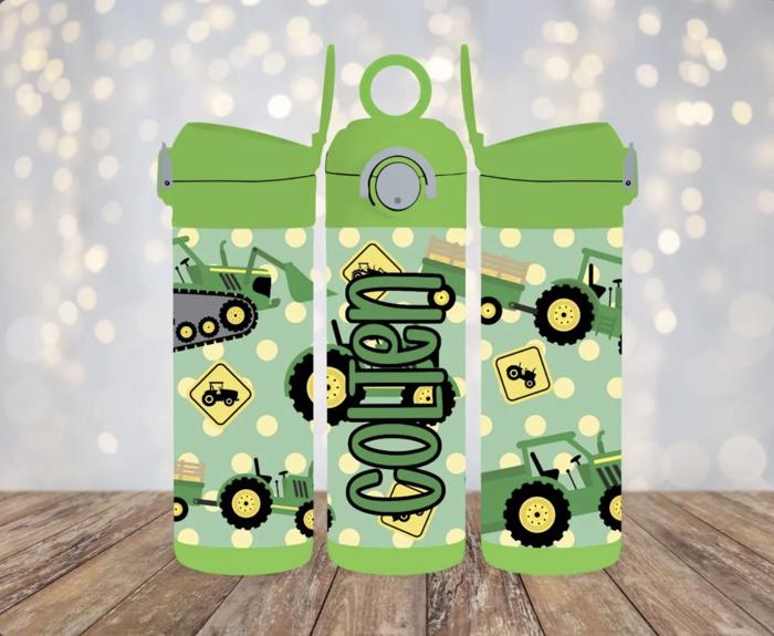 Green Tractors 12 oz Flip Top Leak Proof Personalized Kids Water Bottle