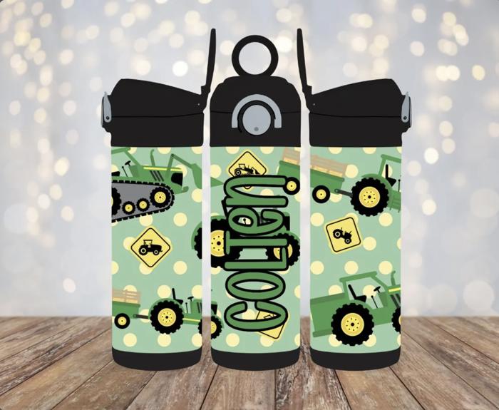 Green Tractors 12 oz Flip Top Leak Proof Personalized Kids Water Bottle