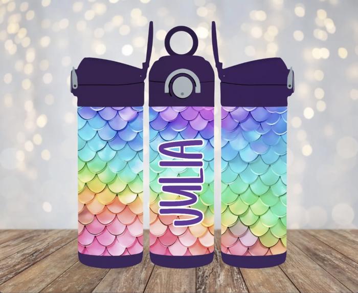 Mermaid Rainbow Scales Kids Flip-Top Leak-Proof Personalized Water Bottle