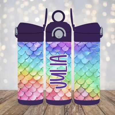 Mermaid Rainbow Scales Kids Flip-Top Leak-Proof Personalized Water Bottle