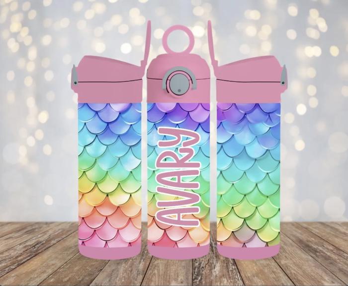 Mermaid Rainbow Scales Kids Flip-Top Leak-Proof Personalized Water Bottle