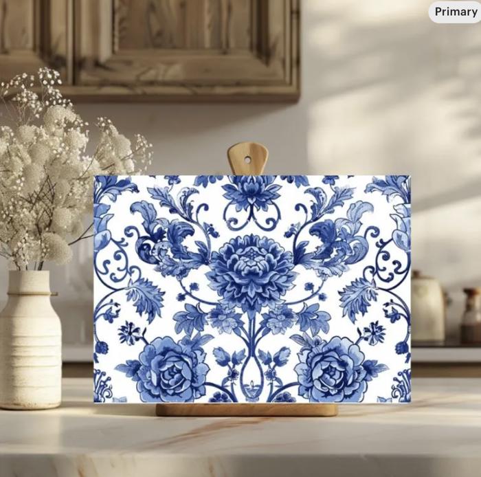 Toile Blue Chinoiserie 15" x 11" Tempered Glass Cutting Board