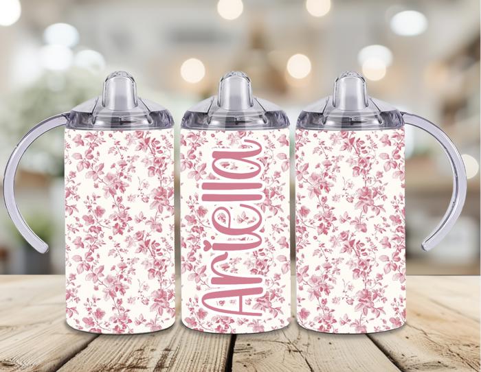 Pink Toile Floral Girls 12 oz Sippy Cup