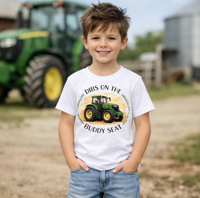 Dibs on the Buddy Seat Green Combine Kids Harvest Tee Shirt