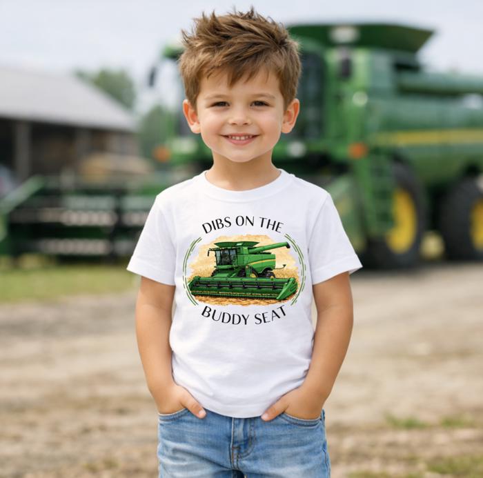 Dibs on the Buddy Seat Green Combine Kids Harvest Tee Shirt