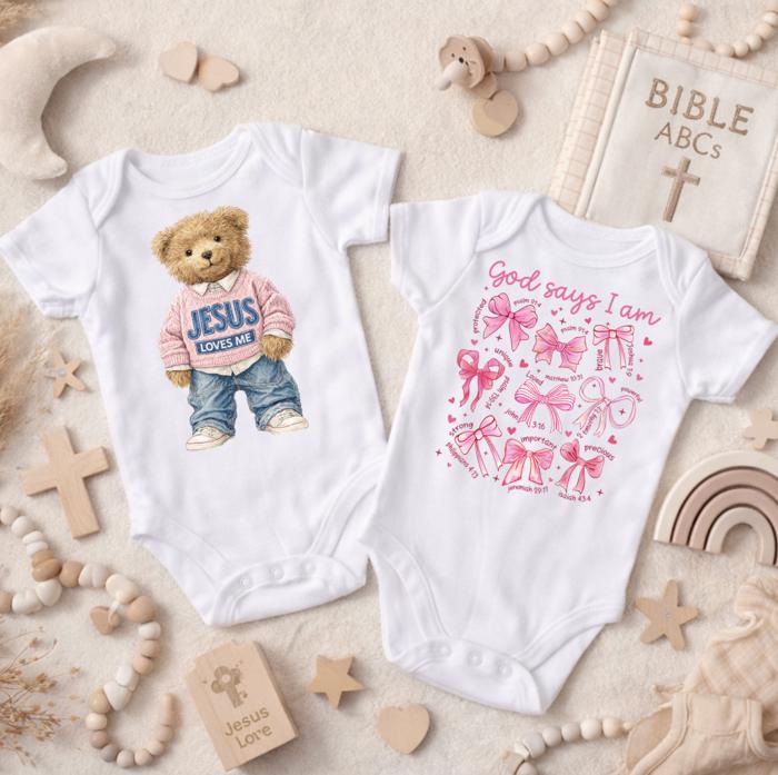 Jesus Loves Me Teddy Bear , God Says I am Coquette Bows Christian Baby Onesies