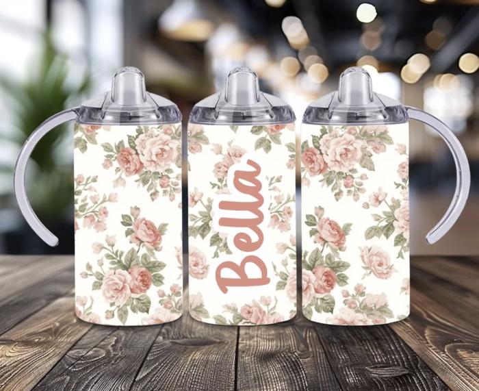 Floral 12 oz Girls Personalized Sippy Cup with 2 Lids and Straw