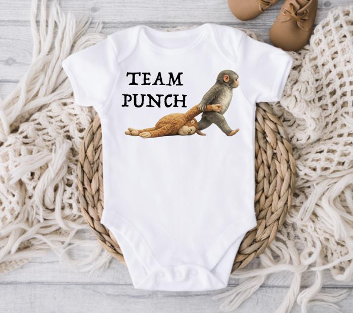 Team Punch Monkey and Stuffed Animal Baby Onesie