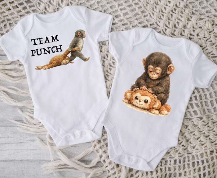 Team Punch Monkey and Stuffed Animal Baby Onesie