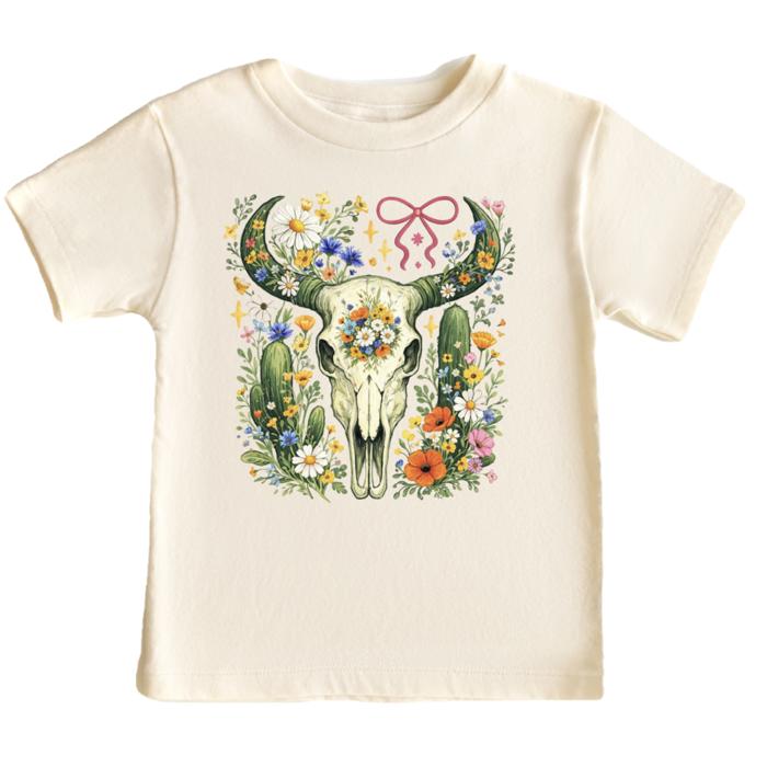 Boho Wildflowers Western Skull Girls Tee Shirt