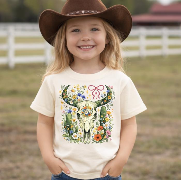 Boho Wildflowers Western Skull Girls Tee Shirt