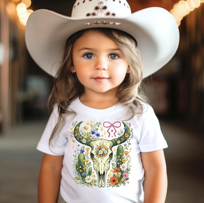 Boho Wildflowers Western Skull Girls Tee Shirt