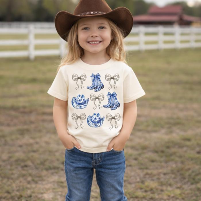 Cowgirl Western Toile Boot and Hat with Barbed Wire Bows Girls Tee Shirt
