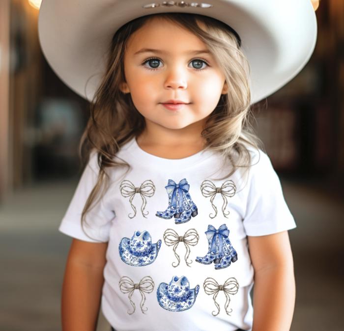 Cowgirl Western Toile Boot and Hat with Barbed Wire Bows Girls Tee Shirt