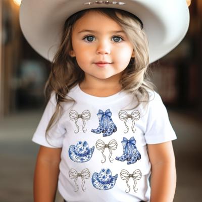 Cowgirl Western Toile Boot and Hat with Barbed Wire Bows Girls Tee Shirt