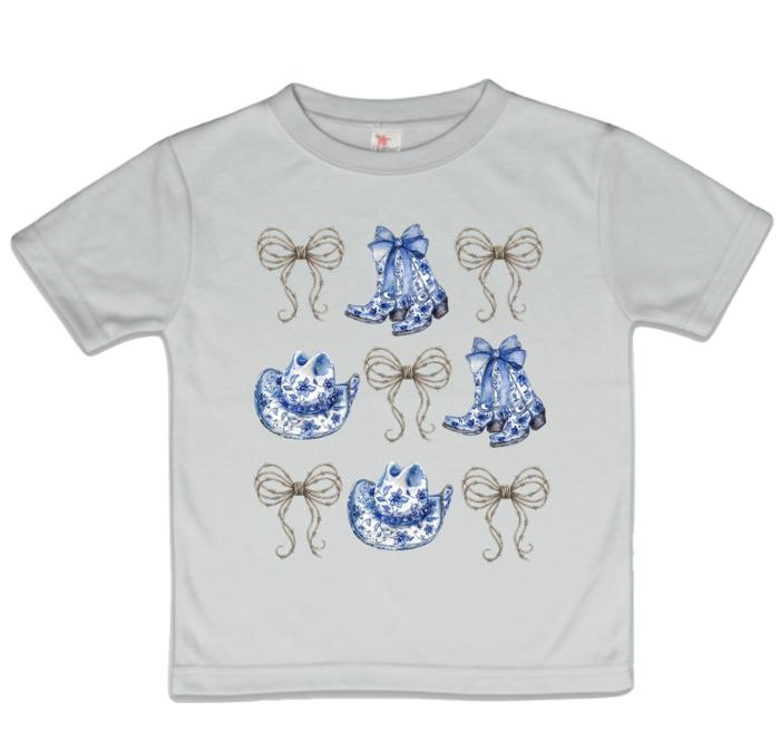 Cowgirl Western Toile Boot and Hat with Barbed Wire Bows Girls Tee Shirt