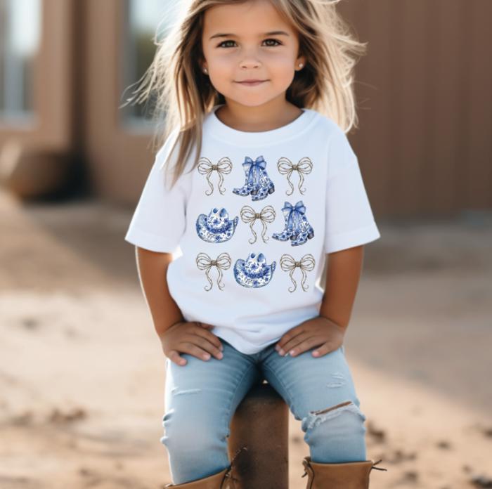 Cowgirl Western Toile Boot and Hat with Barbed Wire Bows Girls Tee Shirt