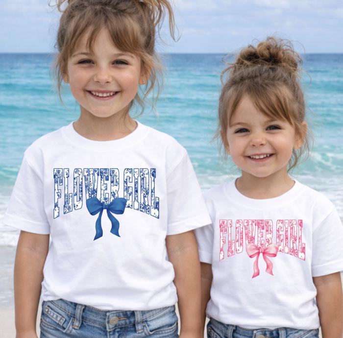 Flower Girl Toile and Coquette Bow Girls Tee Shirts