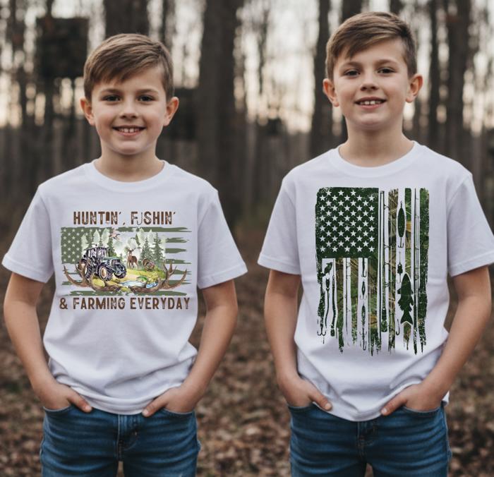 Hunting and Fishing Camo Flag Boys Tee Shirt