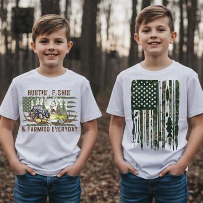Hunting and Fishing Camo Flag Boys Tee Shirt
