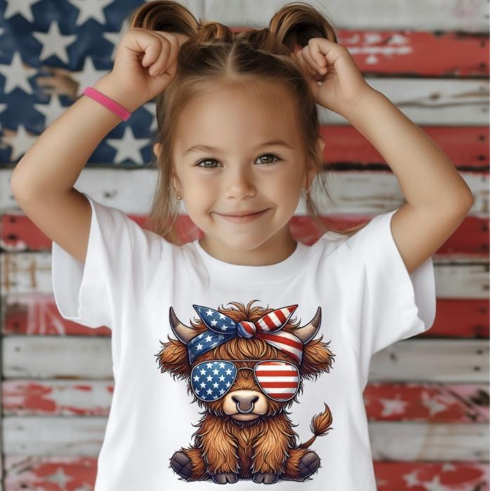 Highland Heifer Patriotic Cow 4th of July Girls Tee Shirt
