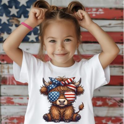 Highland Heifer Patriotic Cow 4th of July Girls Tee Shirt