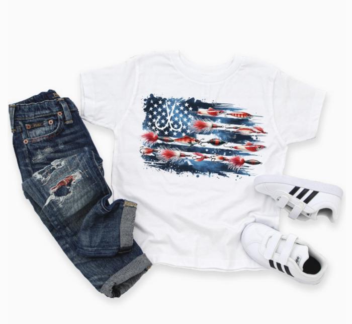 Fishing Lures Flag Kids Patriotic Fishing Tee Shirt