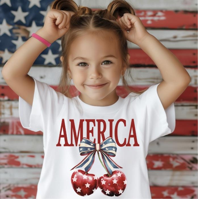 America Patriotic Coquette Bow and Cherries Girls Tee Shirt