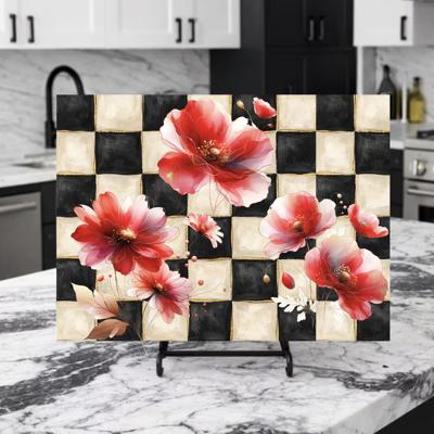 Elegant Red Floral Checkered Black and Gold Tempered Glass Cutting Board