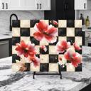  Elegant Red Floral Checkered Black and Gold Tempered Glass Cutting Board