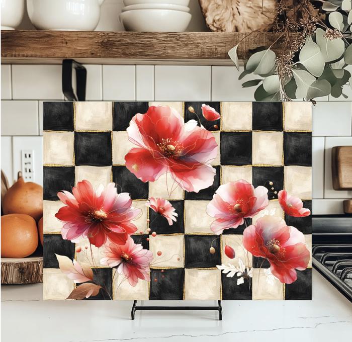 Elegant Red Floral Checkered Black and Gold Tempered Glass Cutting Board