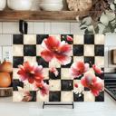  Elegant Red Floral Checkered Black and Gold Tempered Glass Cutting Board