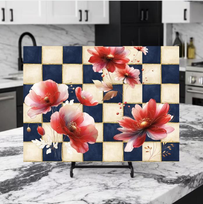 Navy and Cream Floral Glass Cutting Board 15" x 11" 
