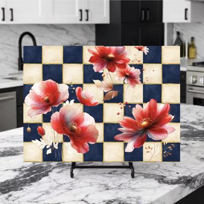 Navy and Cream Floral Glass Cutting Board 15" x 11" 