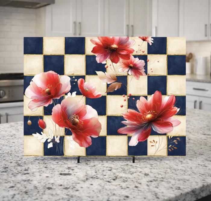 Navy and Cream Floral Glass Cutting Board 15" x 11" 