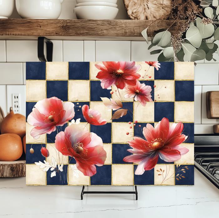 Navy and Cream Floral Glass Cutting Board 15" x 11" 