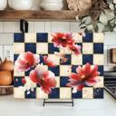 Navy and Cream Floral Glass Cutting Board 15" x 11" 