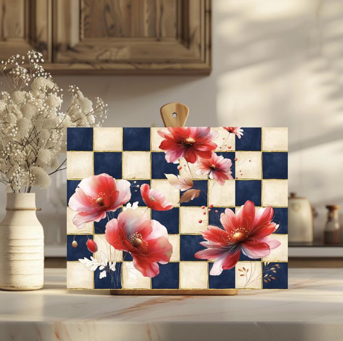 Navy and Cream Floral Glass Cutting Board 15" x 11" 