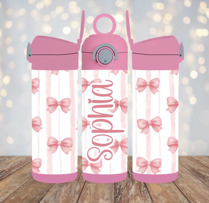Pink Coquette Bows and Stripes Girls 12oz flip Top Water Bottle