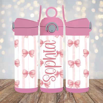 Pink Coquette Bows and Stripes Girls 12oz flip Top Water Bottle