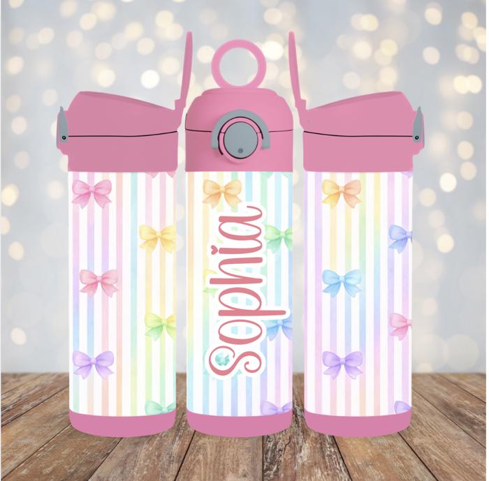 Pink Coquette Bows and Stripes Girls 12oz flip Top Water Bottle