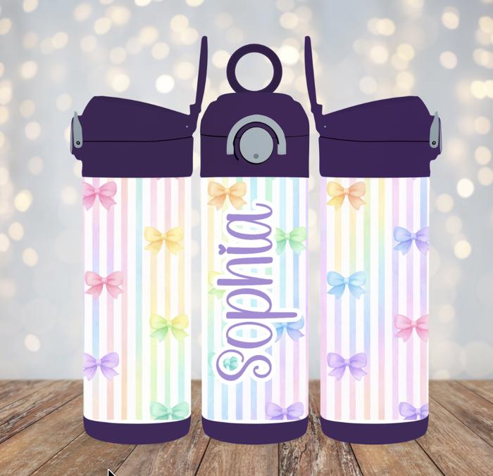 Pink Coquette Bows and Stripes Girls 12oz flip Top Water Bottle